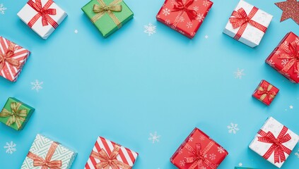Fototapeta premium Flat lay of festive gift boxes in red, white, and green with striped wrapping paper, seasonal celebration theme