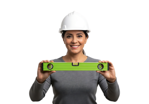 Woman in hard hat holding a spirit level isolated on transparent background