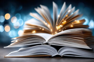 Fototapeta premium Books spread open with glowing lights creating a magical atmosphere in a cozy setting