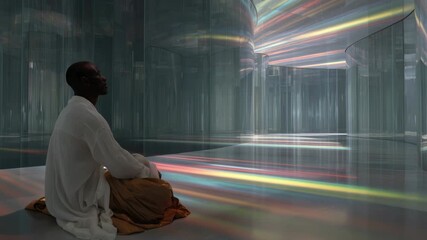 Serene african american man meditating in a futuristic room with colorful light refractions and reflections, finding inner peace and tranquility through mindfulness and spiritual practice - Powered by Adobe