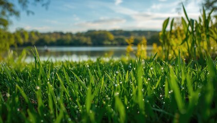 Dew-covered green grass glistening in early light, seasonal change