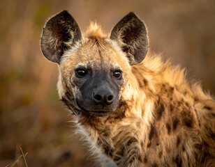 Close-up portrait of a spotted hyena, showcasing its distinctive features in natural light