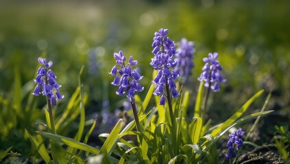 Bluebells blooming softly in the foreground, seasonal beauty
