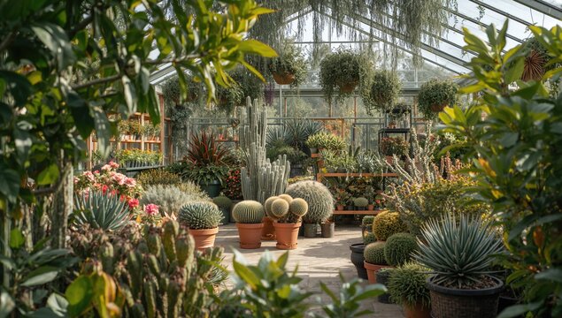 Gardening shop featuring a variety of cacti and succulent plants for home decoration, seasonal change