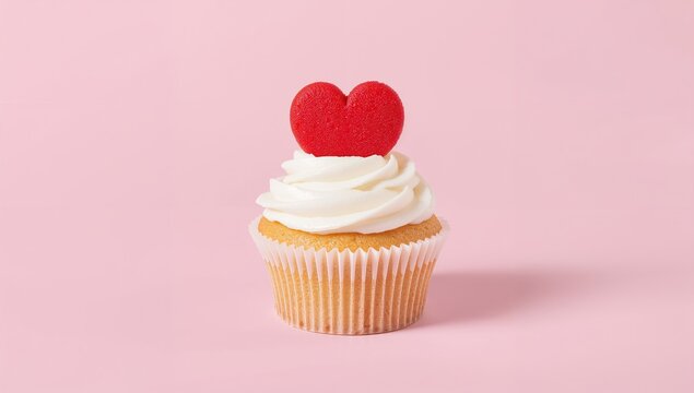 Sweet vanilla cupcakes adorned with red heart decorations in soft pink tones for Valentine's Day