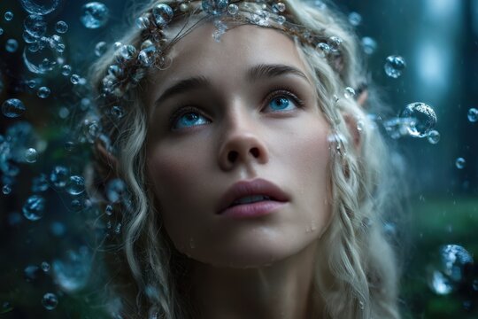 Ethereal creature gazes upward through bubbles in a mystical underwater environment