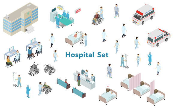 アイソメトリックイラスト：病院セット