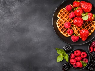 Delicious Waffles with Fresh Berries on Dark Background for Breakfast