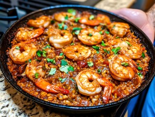 Delicious Shrimp Paella with Fresh Herbs and Vibrant Ingredients in Pan