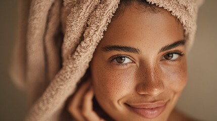 Woman enjoying spa day with towel wrap and glowing skincare look