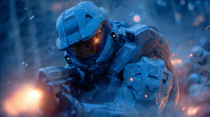 game characters. Action scene with soldiers in armor at war against invading monsters and aliens, science fiction. epic battle. High tech. AI generated image.