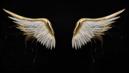 The angel's white wings adorned with gold against a dark backdrop, illuminated and casting shadows, showcasing intricate 3D design