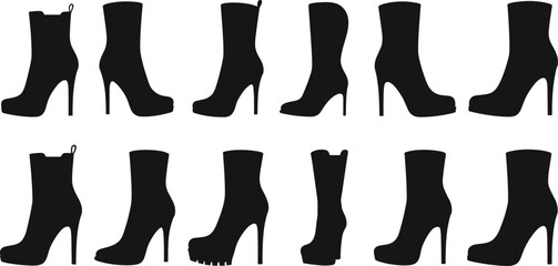 High heel ankle boots, black silhouette icons, fashion footwear collection, stylish shoe designs, vector illustration, isolated on white background