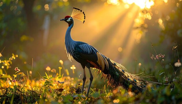 Radiant bird shines in sun-dappled field, a crest atop its elegant head, plumage glistening in the golden light