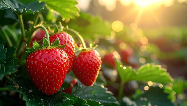 Ripe strawberries gleam in the sunshine, nestled amongst green leaves in a field at dawn. Bokeh effect