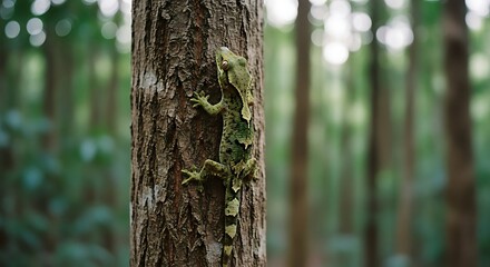 Obraz premium Mossy Leaf-tailed Gecko Blending Seamlessly with Tree Bark in Lush Forest.