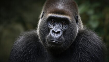 Obraz premium A gorilla tilts its head while gazing at the camera, showcasing a relaxed demeanor in its serene natural environment, wildlife observation