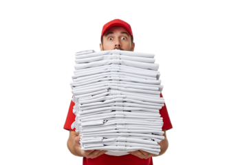 Delivery person holding a large stack of newspapers isolated on transparent background
