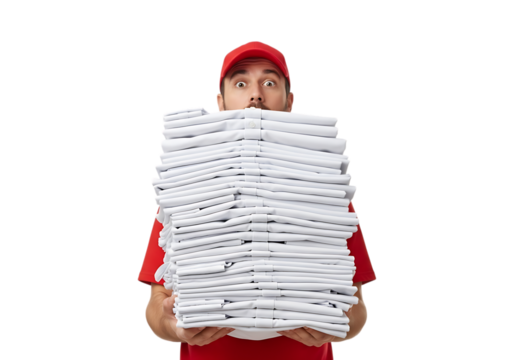 Delivery person holding a large stack of newspapers isolated on transparent background