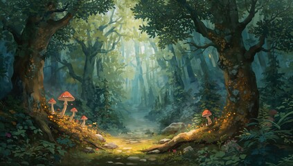 Watercolor forest scene with magical trees and mushrooms, enchanting atmosphere for creative art display