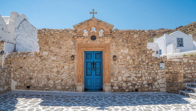 Stunning island architecture features a blue door set in a stone wall, highlighting erosion risk