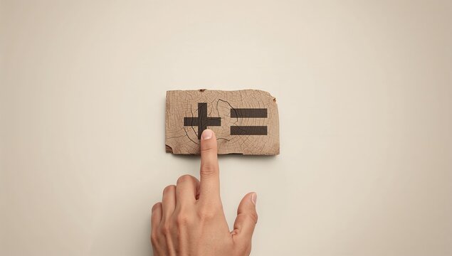 Concept of opposites with plus and minus symbols on a wooden background, hand-selected blog, space for text