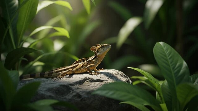 Basilisk lizard perched on a rock amidst lush green foliage