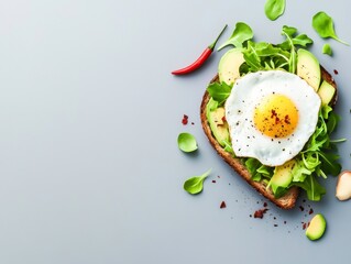 Fresh Green Salad with Egg on Toast and Red Chili Pepper Garnish