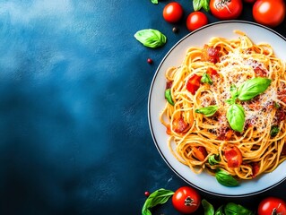 Delicious Spaghetti Pasta with Fresh Tomatoes and Basil on Dark Background