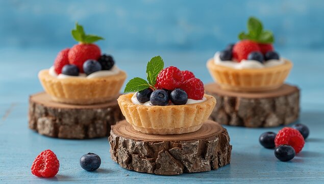 Tartlets topped with berries and cream, arranged on decorative stumps, showcasing a colorful dessert option