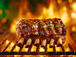 Grilled Barbecue Ribs Cooked on an Open Flame with Garnish
