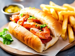Delicious Lobster Roll with Crispy French Fries and Fresh Toppings