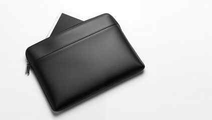 Black leather protective case for laptop and tablet on white backdrop
