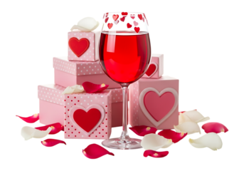 Romantic gifts and red drink with rose petals isolated on transparent background