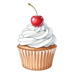 Vector Illustration of Cupcake with Whipped Cream and Cherry in Modern Realistic Style