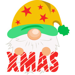 Whimsical Christmas Gnome with Yellow Hat Red Stars Green Trim and Xmas Text Festive Holiday Graphic Transparent Background