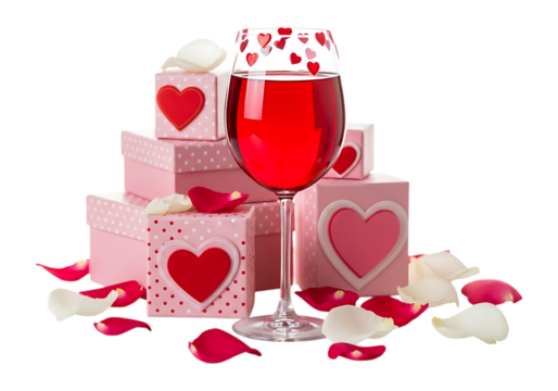 Romantic gifts and red drink with rose petals isolated on transparent background