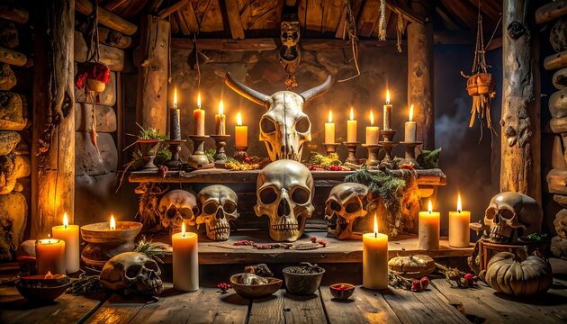 Ritual altar within a wooden hut, lit by flickering candles, showcasing skulls and animal bones