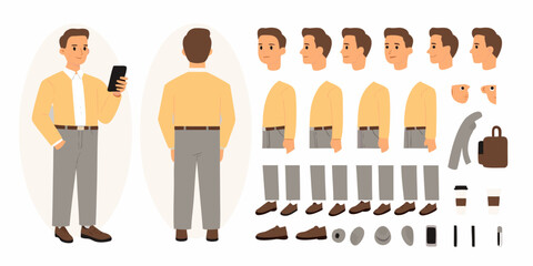 Man character design kit with various body parts and accessories for animation and illustration