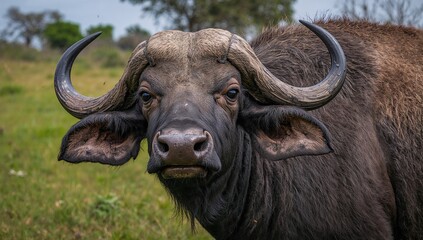 Fototapeta premium Congo Buffalo observing its surroundings, wildlife vigilance