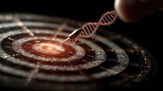 Futuristic Hand Targeting DNA Helix in Center of Concentric Circles with Light Sparkles and Retro Design Elements