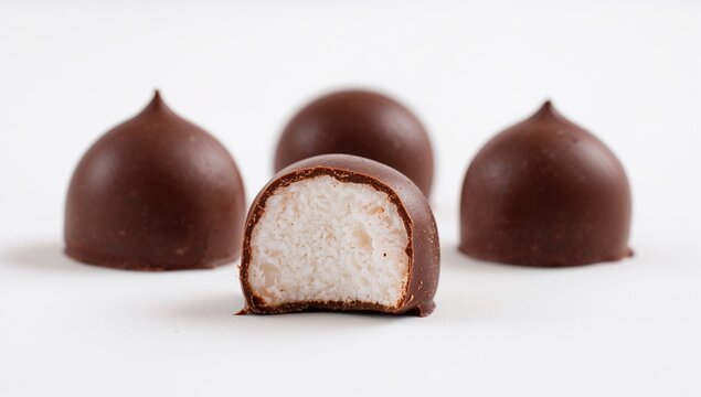 Chocolate-covered marshmallows on a white backdrop, a sugary treat with a refined sugar load