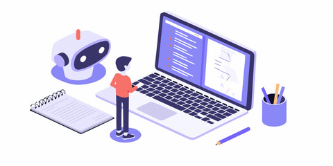 Isometric illustration of a person interacting with a laptop and a friendly robot assistant for digital tasks