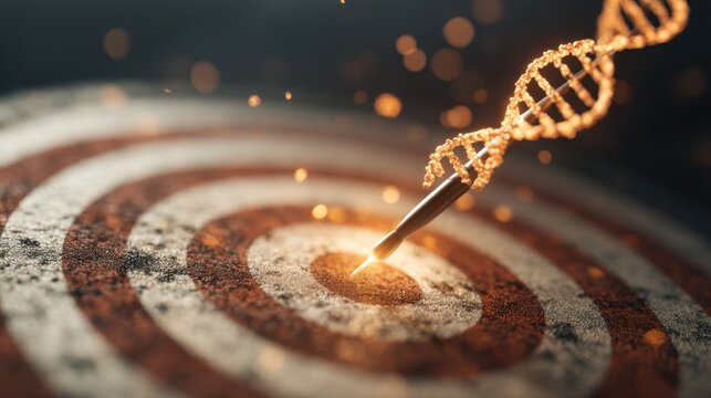 DNA Helix Hitting Target Center on Bullseye Symbolizing Precision in Genetic Research and Scientific Innovation