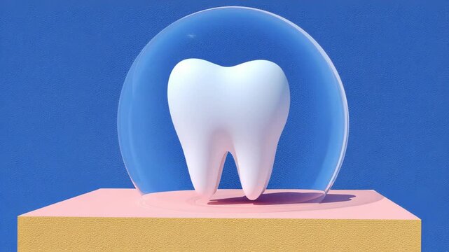 Glossy white tooth encapsulated in transparent bubble, displayed on colorful geometric pedestal, showcasing vibrant background, camera performs a smooth zoom out revealing scene depth and artistic com