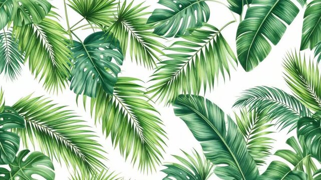 Lush foliage illustration with various palm leaves and monstera plants, creating a vibrant, exotic, tropical pattern in fresh greens on a clean white background.