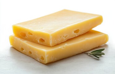 Two rectangular blocks of pale yellow cheese with small holes stacked on a light surface next to a small green herb sprig