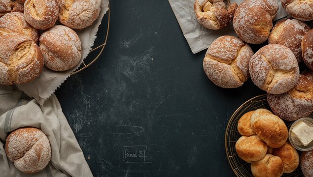 Rustic golden bread and bun crusts displayed at a bakery, suitable for editorial header background