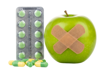 Green apple with bandages and pills isolated on transparent background