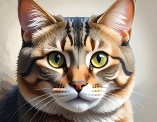 Close-up portrait of a tabby cat with striking green eyes, soft fur, and detailed features